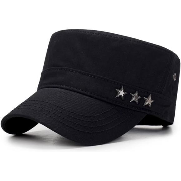 Unisex Flat Top Cap Army Cadet Cotton Adjustable Hat, Black main image 3